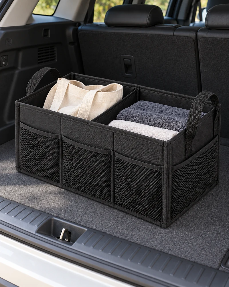 Folding two-compartment trunk organizer