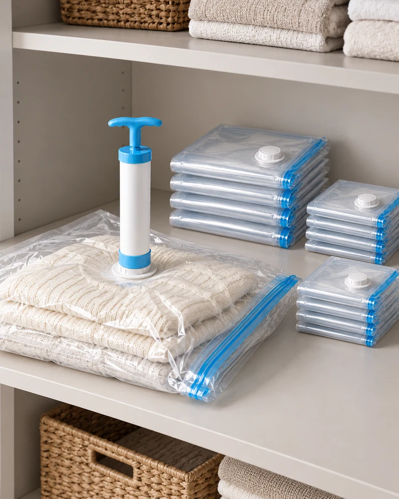 Vacuum storage bags with hand pump