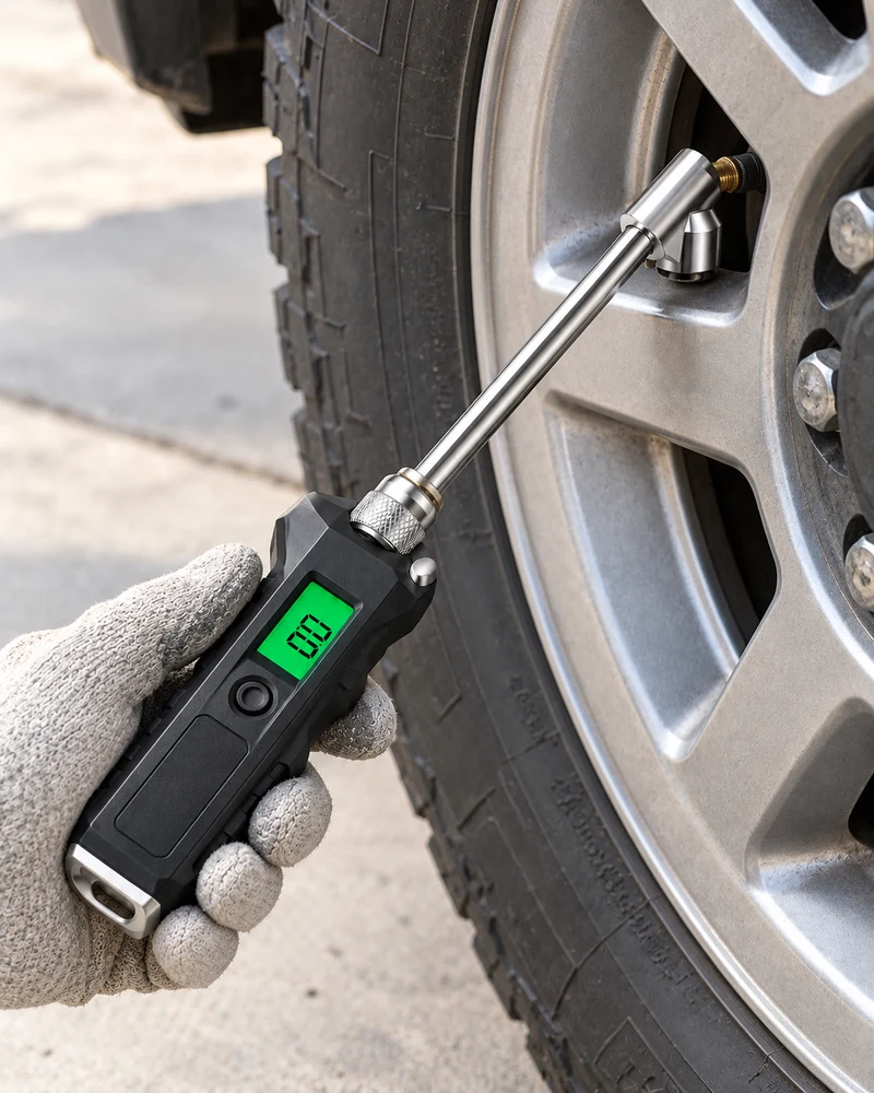 Long-reach dual-head digital tire gauge