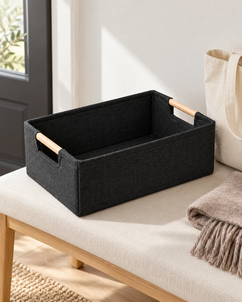 Fabric storage basket with wood handles