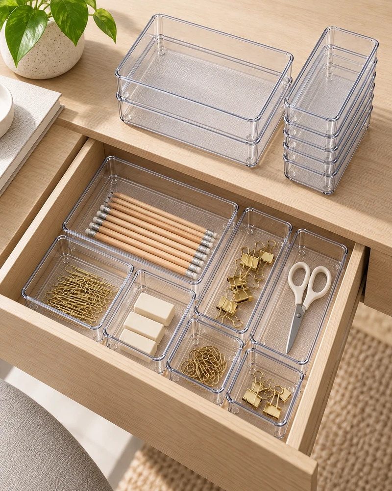 Clear drawer organizers, 25 pieces