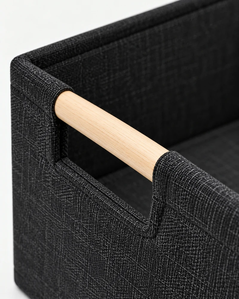 Fabric storage basket with wood handles