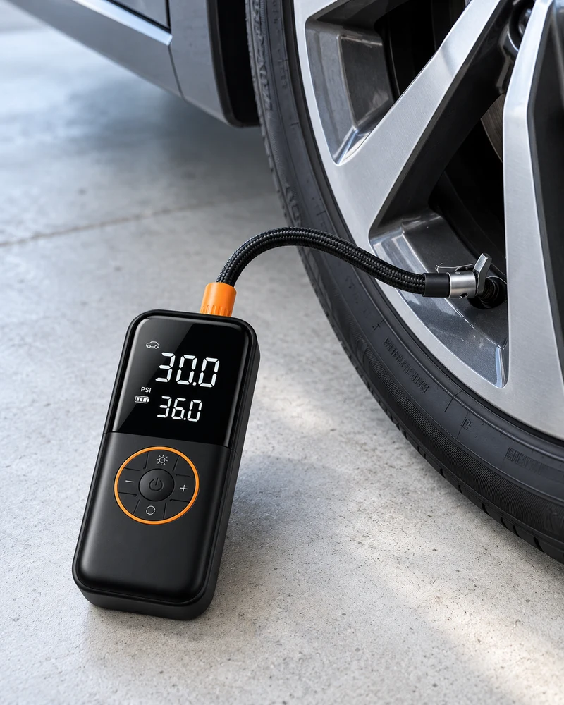 Flat rechargeable tire pump