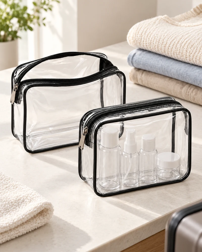 Clear travel toiletry pouches, pair