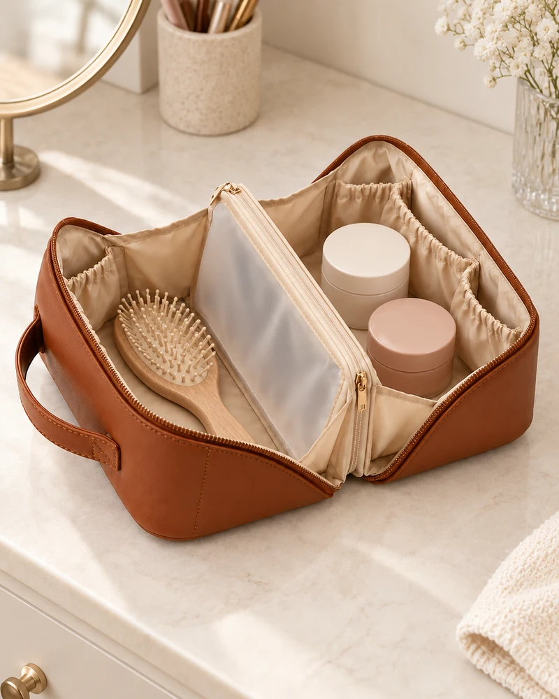 Flat-opening cosmetic bag