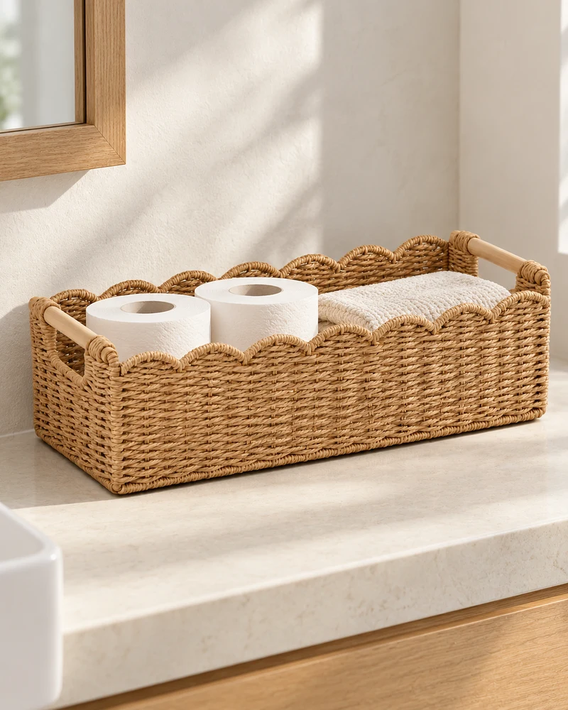 Scalloped paper-rope storage basket