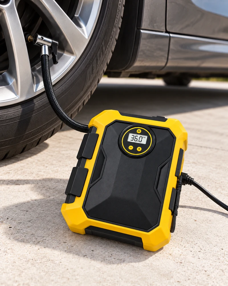 Cord-stowing 12V tire pump