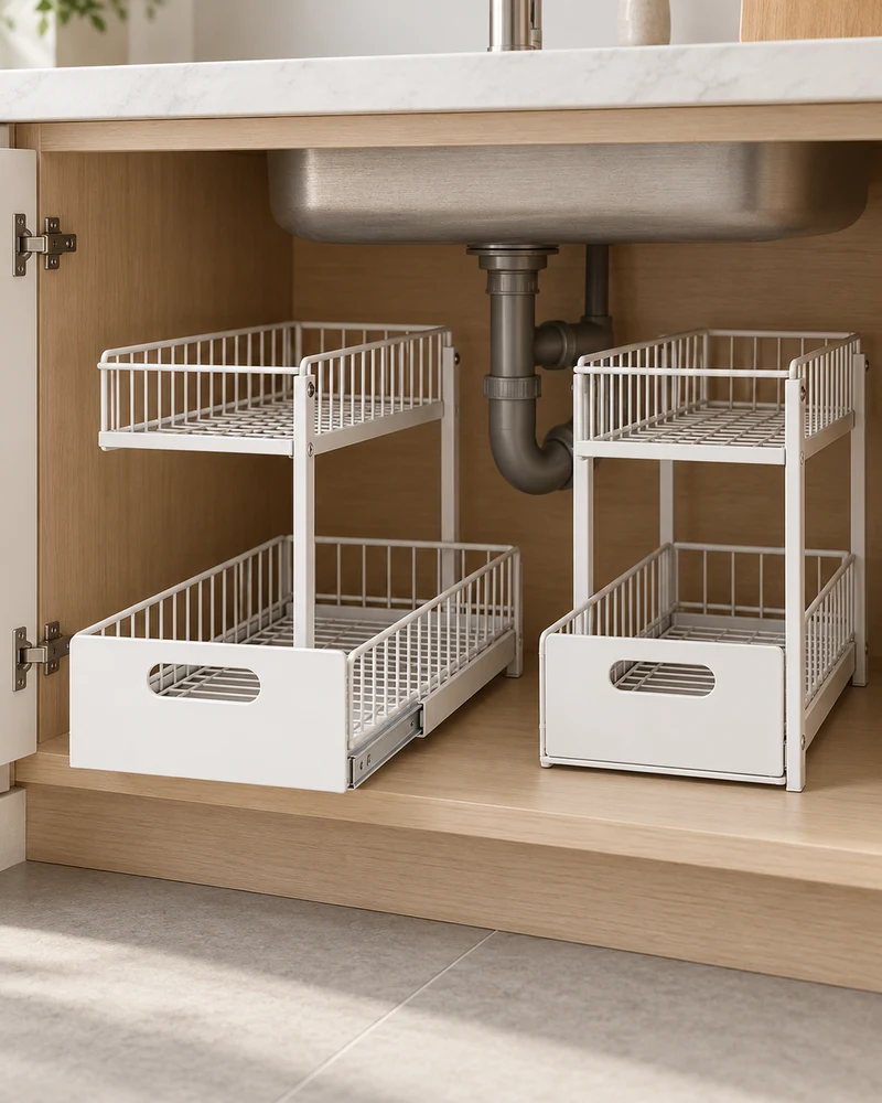 Sliding under-sink organizers, set of two