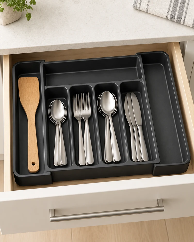 Expandable cutlery drawer tray