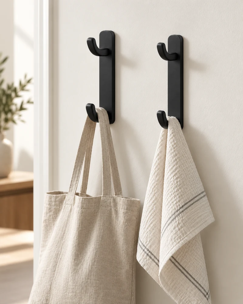 Black adhesive wall hooks, set of four